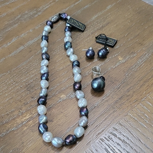 Honora Baroque Black,White,grey fresh water Pearl 3 piece Jewelry Set. - Picture 1 of 7